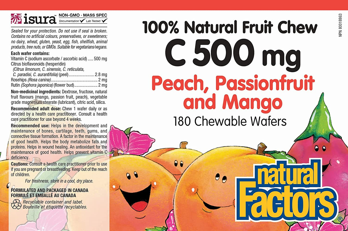 Natural Factors Vit C 500mg 180 Chewable Wafers Peach Passionfruit Mango